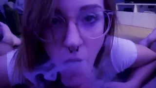 VAPE Blowjob slut eats cum off couch