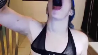 Stunning Sexy Goth deepthroat a giant black dildo