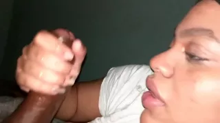 Wife's Oiled Handjob keep sucking after I cum