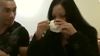 Seducing a hot brunette in a cafe