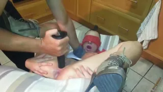 Blindfolded sub pisses in own face and get it rough