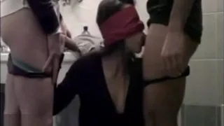 Blindfolded girl sucks & jerks two guys in bathroom - AllThingsCFNM