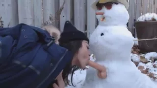 College chick sucks and fucks a snowman