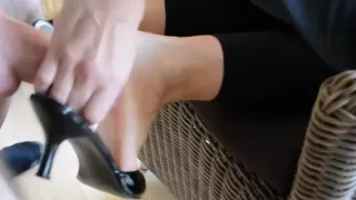 Cum on feet with heeled mules