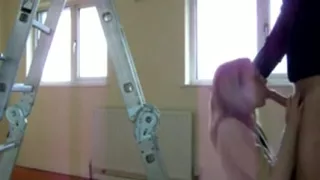 British slut wife gets bent over the stepladder and fucked