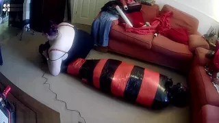 Mummified tight in pallet wrap escape challenge 3 with doxy feet torture