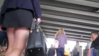 Sexy blonde in white shoes upskirt