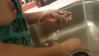 wife gets horny while cleaning sex toys in kitchen and touches herself!