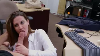 Curvy busty MILF spreads pussy at pawnshop