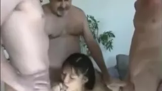 Chinese Girl happy with four white dicks