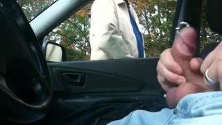 Nasty old man spies for the guy jerking in a car