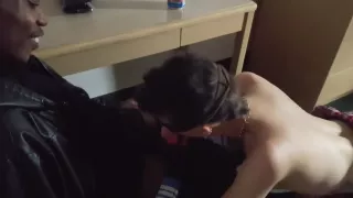 slave girl sucks two cocks and gets ass fucked by hard black cock