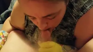 Smoking blowjob with yellow latex gloves