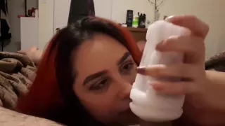 Girl rubs one out while she jerks a guys dick off with a masterbater