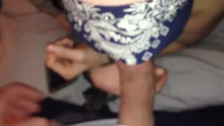 Sexy blindfolded babe sucks cock while bound