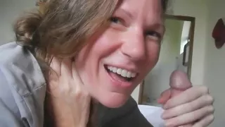 Shel exposed US 43 year old sucks cock, takes out breasts and eats cum