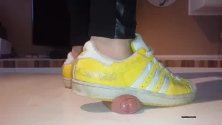 Cock Crush with full weight and Adidas Superstars