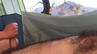 Cougar wife strokes my hard cock until I orgasm Glamping in Tent Outdoors