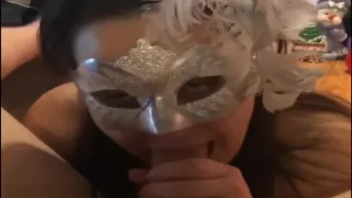 Real Married Milf (Olive) in mask sucks Cock. She loves the taste of cum!