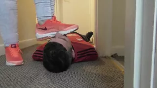 sneaker crush pov, face trample, face stomping, face kicking, sweaty feet