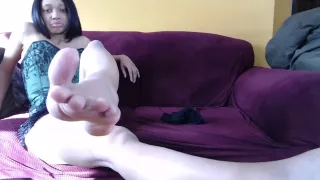 Ebony Cutie Showing Off Gorgeous Feet and Massaging them wirh Lube