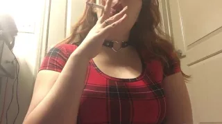 Sexy Redhead Goth Teen Smoking in Red Plaid Tight Dress and Leather Choker