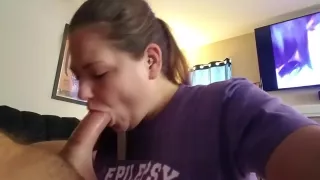 Brunette MILF cocksucker throats hard dick for a facial