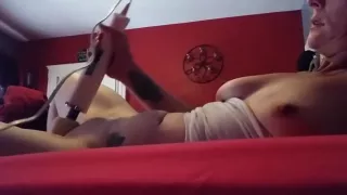 Horny wife plays with magic wand while husband works