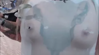 Eliza's White Tshirt is Wet Soaked Shows of Her Perky Nipples and Tiny Tits