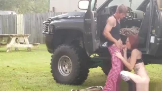 amateur redhead girl visiting her boyfriend  in a jeep