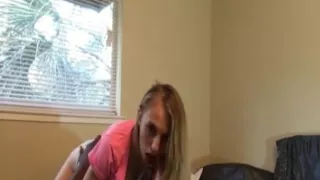 Blonde hottie blows a black cock and makes it cum