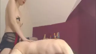 Hot dominant babe drills a loser with a big fat strap-on