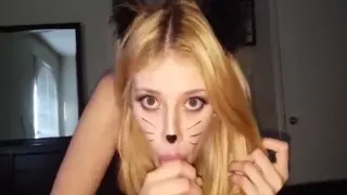 Blonde hottie wears her Halloween costume while sucking dick