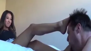 Stunning Latina girl makes her man worship her sexy feet