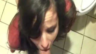 Brunette rides and sucks my cock in a public restroom