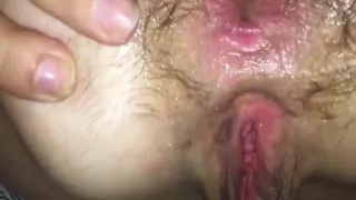 Girlfriend stretches her hairy asshole as wide as possible