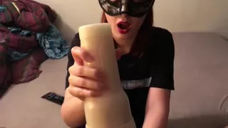 Finishing him with a fleshlight, eating cum straight from it