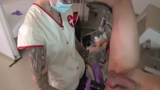 Dominant tattooed blonde stuffing a dude with a big strap-on