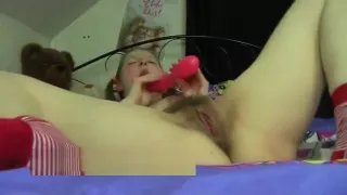 Hot Double Dildo Masturbation with Hairy Teen Nadine Cays - loud Orgasm !