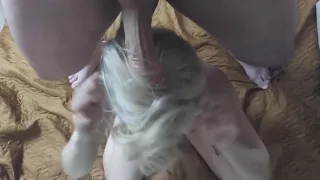 Teen hairjob blonde plays with cock ,milf hair cum on his head