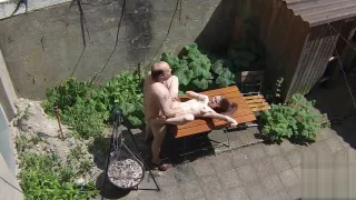 Voyeurs filming teen bitch fucking with old janitors on the terrace
