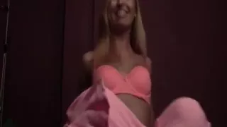 Super hot blonde teen strips and plays with her shaved cunt