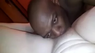 White babe gets her shaved pussy eaten by her black lover