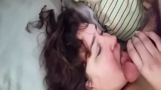 Milf sucking and titty fucking her husband's rock hard cock