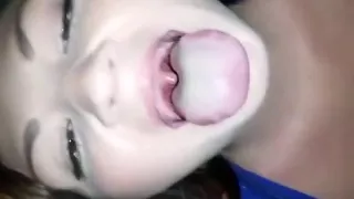 She loves to show off her tits as she swallows a guys cum.