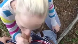 Hot blond chick gives blowjob in the woods and get jizzed in the face