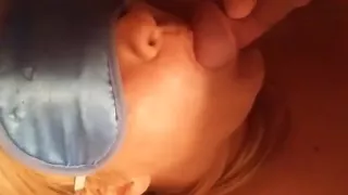 Wife in blindfold gives head and gets fucked with a cucumber