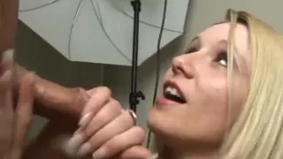 Hot sexy blond talks dirty and gives handjob