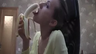Pretty teen eats her fruit and sucks a big banana