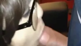 Nerdy brunette with glasses feasting on a fat long prick